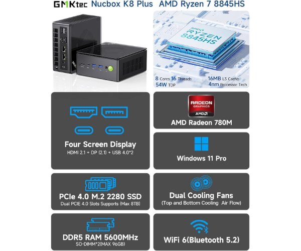 מחשב נייח מיני GMK K8 Ryzen 7 8845HS/32G/1TB/11Pro/3Y