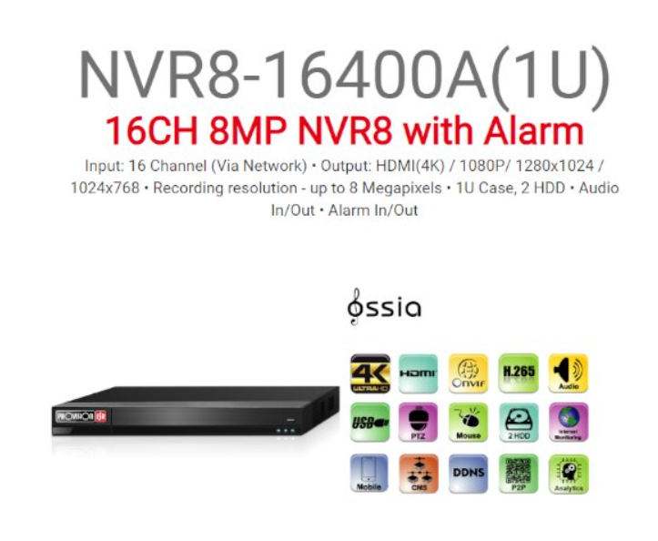 מערכת הקלטה לשש עשרה מצלמות Provision 5mp IP NVR8-16400