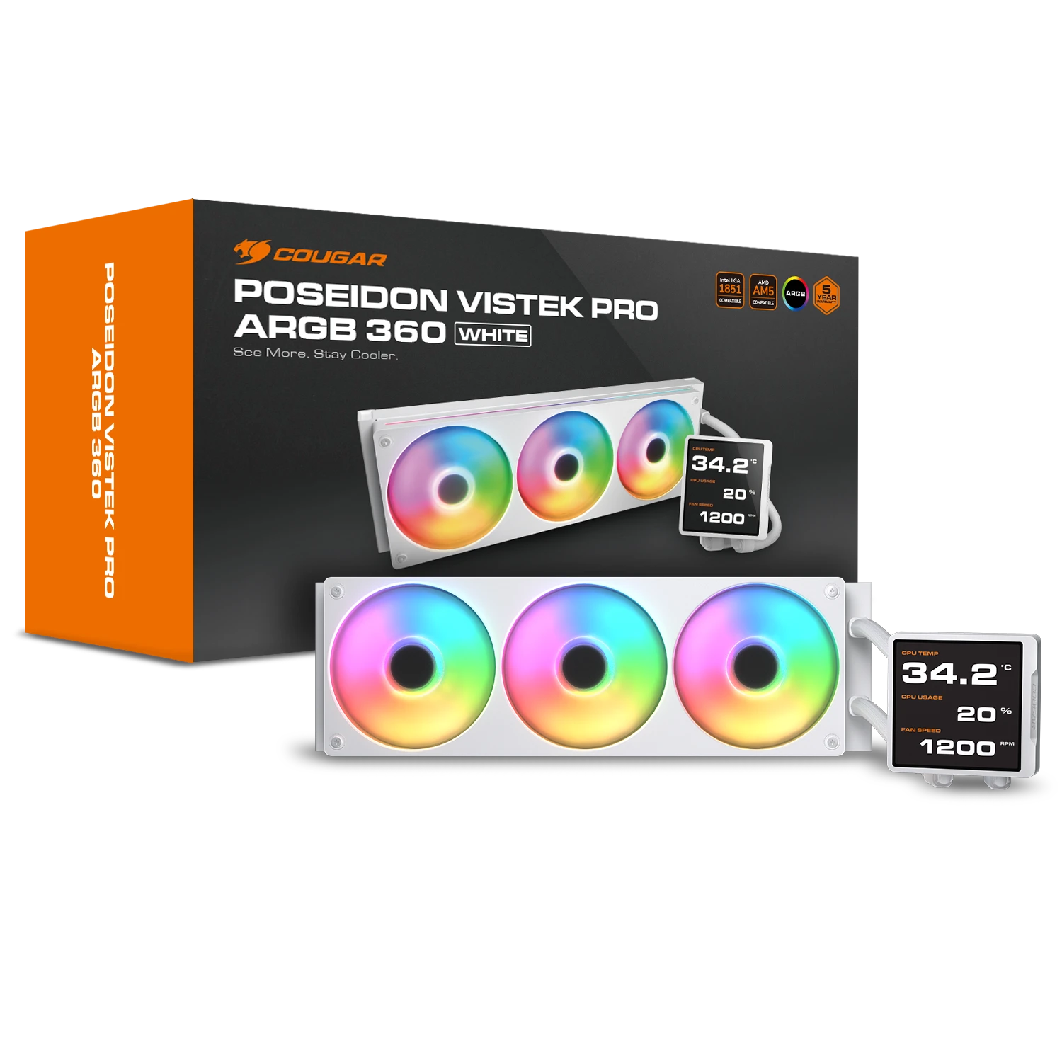 קירור נוזלי לבן Cougar POSEIDON VISTEK Pro 360 ARGB LCD White