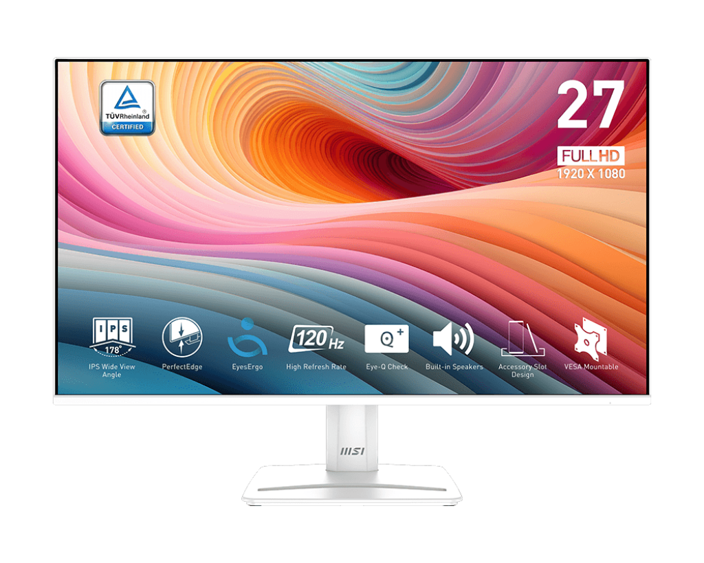 מסך לבן MSI MP275 E2 27'' IPS FHD 120Hz VGA HDMI DP SPK 3Y-OS
