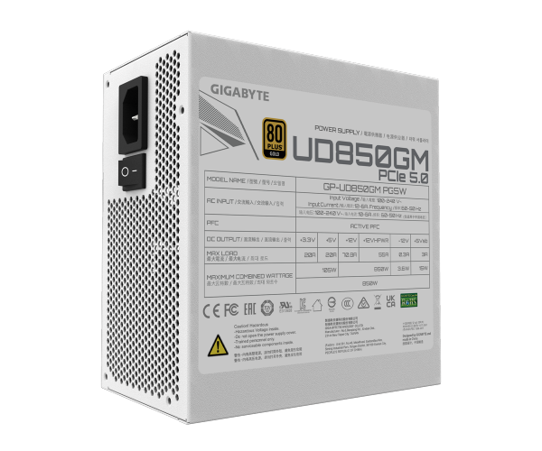 ספק כוח לבן Gigabyte UD850GM PG5 V2 ICE 850W 80+ Gold
