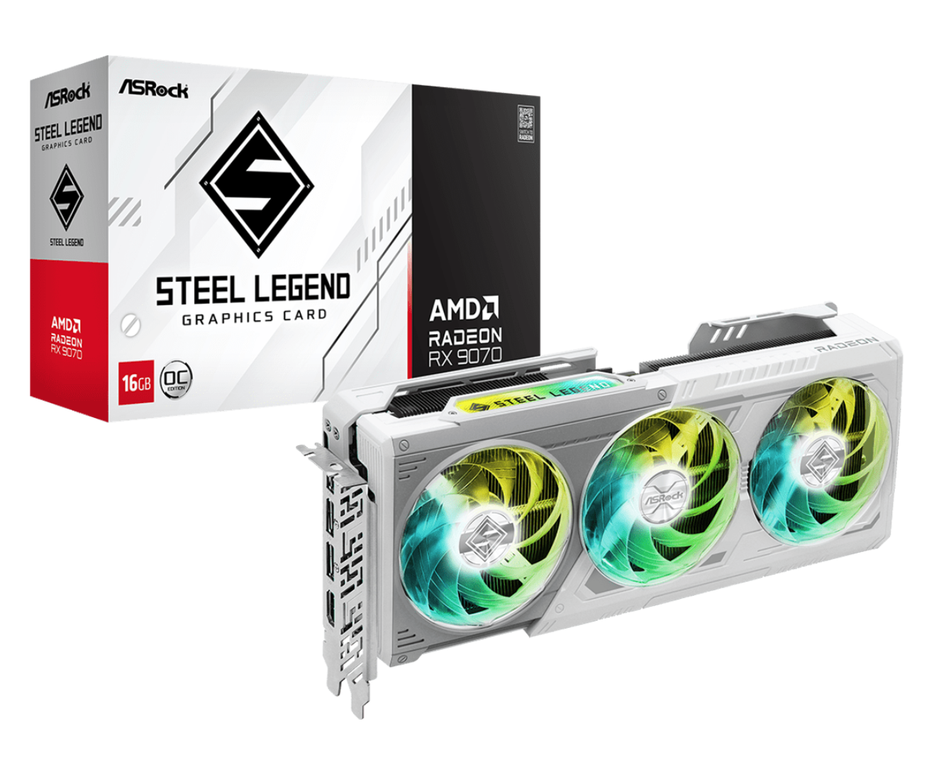 כרטיס מסך לבן ASRock Radeon RX 9070 16GB Steel Legend OC